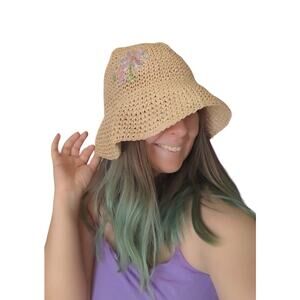 Vintage Y2K Limited Too Straw Bucket Hat Floral Flower Pastel Tan Bimbo McBling